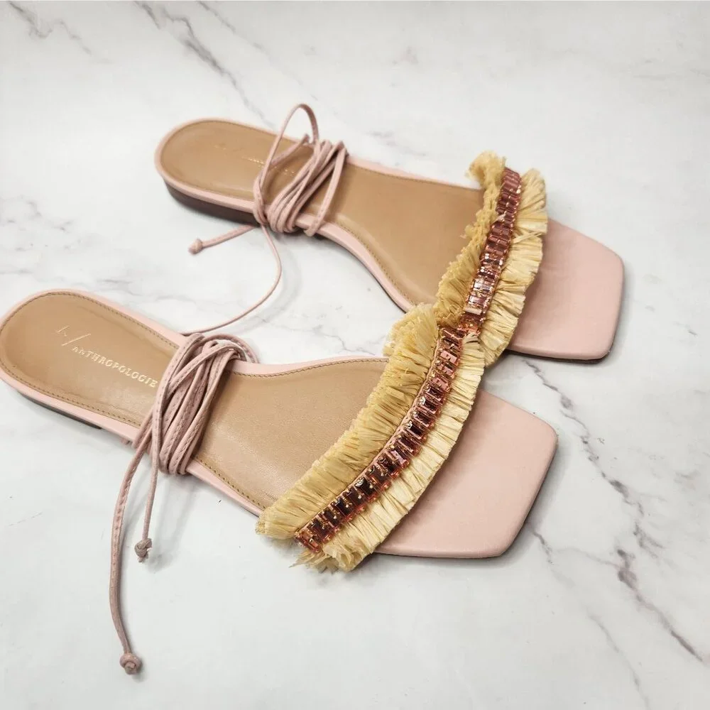 Anthropologie Jewel Embellished Raffia Tie-Up Sandals Flats Pink Women's 9.5 (40